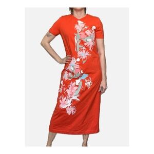 Tanya Taylor Mallorie Short Sleeve Floral Midi Dress Tiger Lily Orange Large